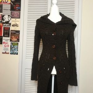Vintage Brown Cable-Knit Duster Sweater - Small